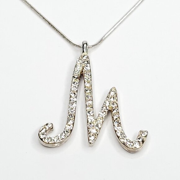 Initial M Pendant Necklace Clear Rhinestone Script Letter Silvertone - Picture 1 of 3